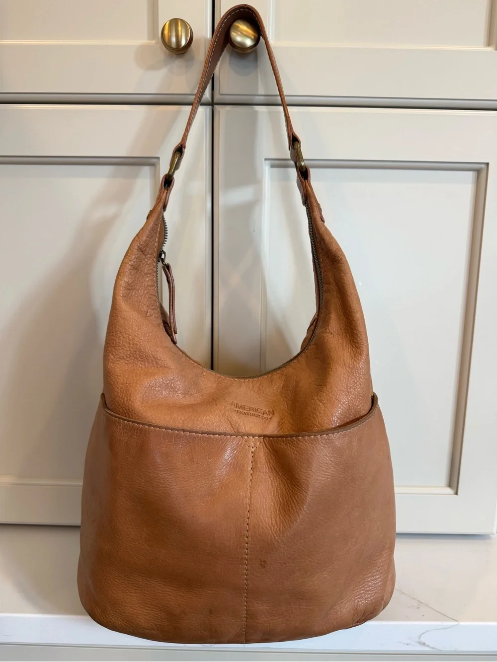 American Leather Co Tan Pebbled Leather Hobo Shoulder Bag Soft Slouch Zip Purse